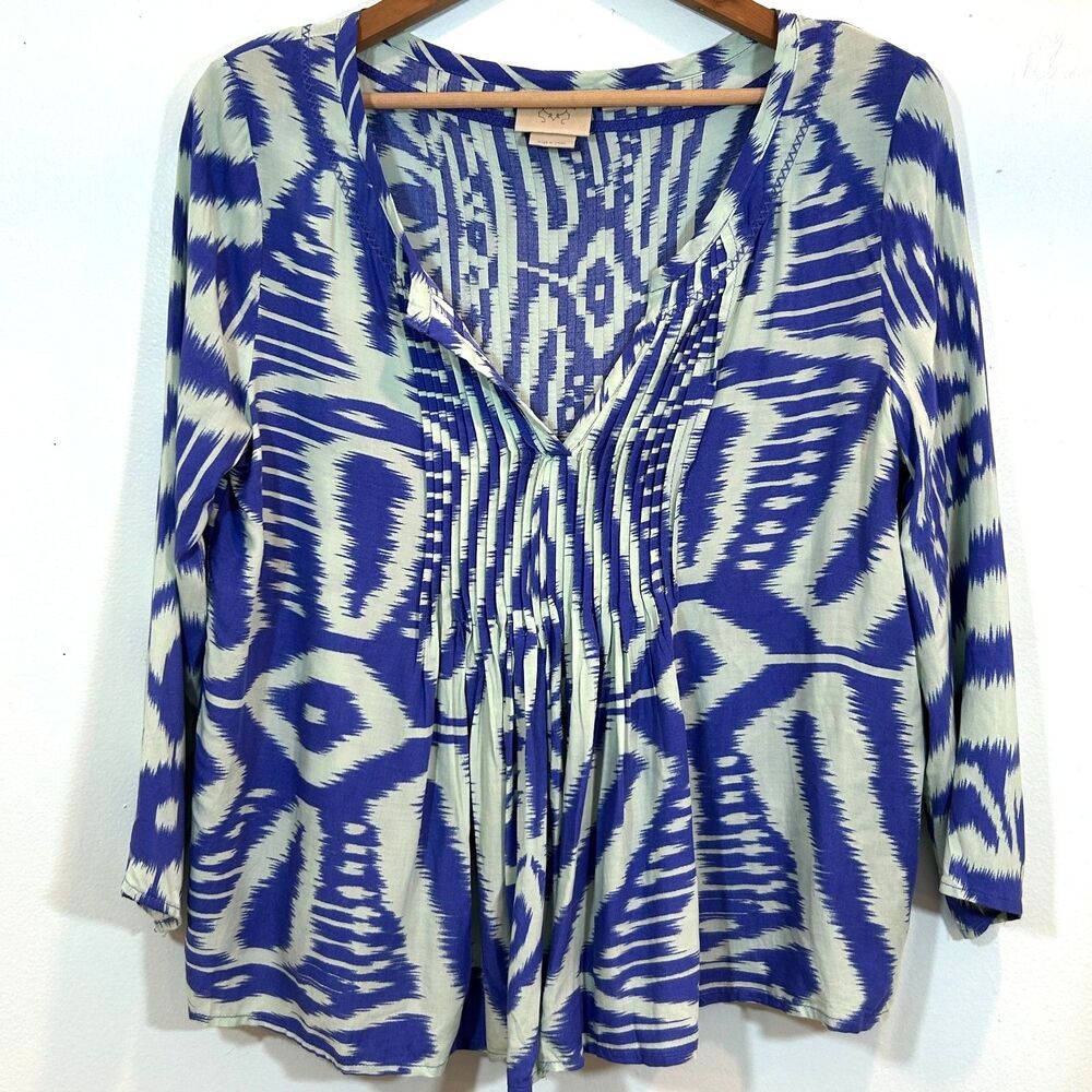 Anthropologie Blue Ikat Pleated Top Size 8 Boho Boxy Oversized
